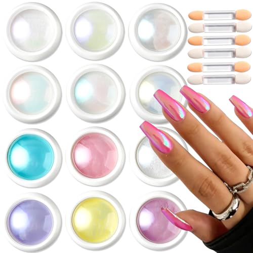 12 Jars Pearl Chrome Nail Powder, Iridescent Aurora Powder - color: F-123+F-124+6pcs sponge sticks