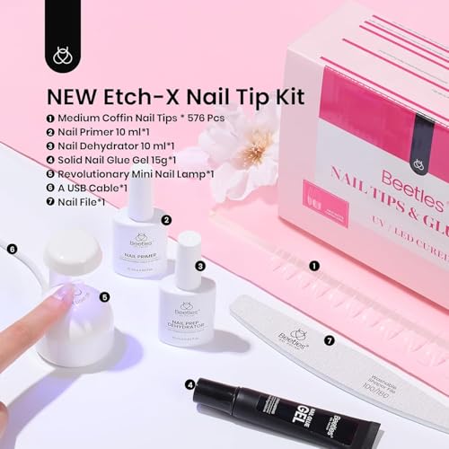 Beetles Gel Nail Kit Medium Coffin with Nail Dehydrator and Primer 576Pcs