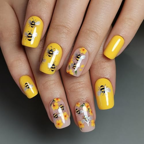 CurvLife Medium Square Floral Press On Nails, Bee Garden, Soft Gel - color: Bee