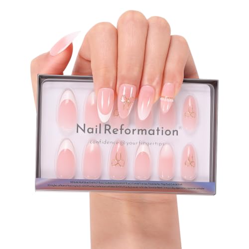 Nail Reformation Press On Nails, Golden Bow Medium Almond Fake Nails 30 Pcs - color: Golden Bow