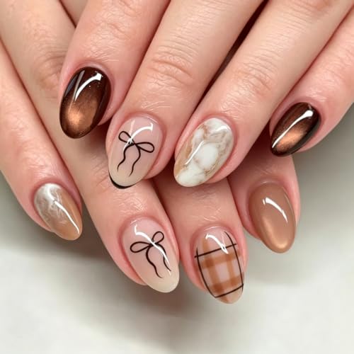 Short Oval Press on Nails, Brown Bow Plaid Marble Fake Nails, 24Pcs - color: Color-16