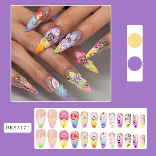 Summer Long Press on Nails Almond Fake Nails Flowers Colorful Design 24pcs