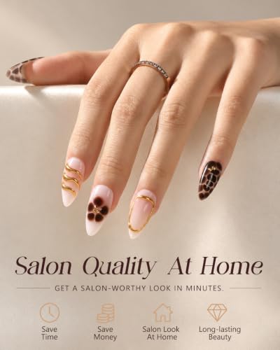 Buleens Handmade Press on Nails Acrylic - color: Gold-Ring Brown Flower, size: L