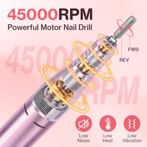 Electric Nail Drill 45000RPM Professional,Glitter Portable E-File Nail Drill Kit for Acrylic & Gel Nails,LCD Display & 4000mAh,Electric Nail File 12 Bits,Manicure Pedicure Kit for Home Salon,Pink - color: Pink