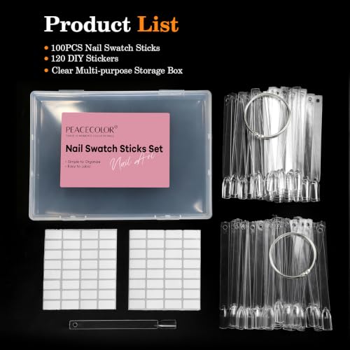 PEACECOLOR 100 Pcs Nail Swatch Sticks with Ring, 120 Blank Number & Box - color: 100pcs nail swatch sticks