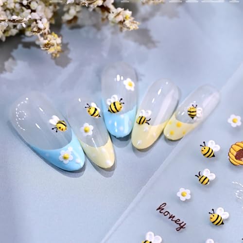 1 Sheet Flower Nail Art Stickers 5D Embossed Cute Bee Nails Decals Spring Daisy Bee Design Summer Bees Floral Nail Designs Accessories Cute Floral Bees Nail Supplies for Women DIY Manicure Decorations - style: bee