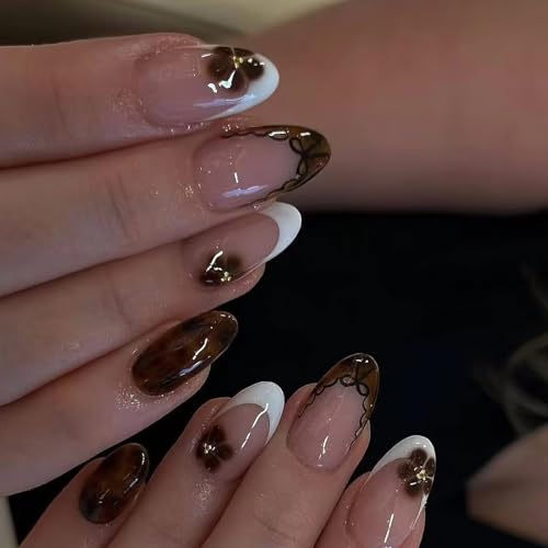 MISUD Press on Nails - Medium Almond Fake Nails with Brown French Tip, Acrylic Flower Tortoise Shell Design 24 pcs - color: 11225Brown