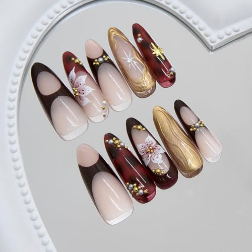 RUOKEXIN Long Press on Nails Almond Fake Nails French Tip False Nails with 3D Gold Designs Stiletto Nail Press ons Sparkly Artificial Nails for Women 24Pcs - color: Almond Style 11-13