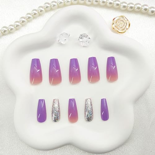 Short Press On Coffin False Nails with Glitter Sequins Designs Purple Gradient Glue On Nails - 24Pcs - color: Glitter Sequins Designs & Purple Gradient