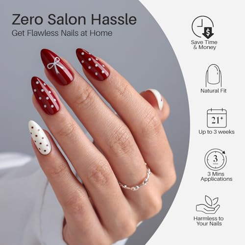 SHANGMENG Red White Press on Nails, Almond Medium Polka Dot Bow Fake Nails - color: Red & White Gala