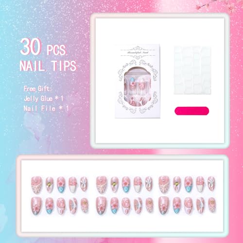 Summer French Press On Nails Medium Almond Fake Nails 3D Flower False Nails With Starfish Shell FloralDesign Reusable Glossy Stick On Nails Full Cover Glue On Nails For Women Manicure 24Pcs - color: Design-23
