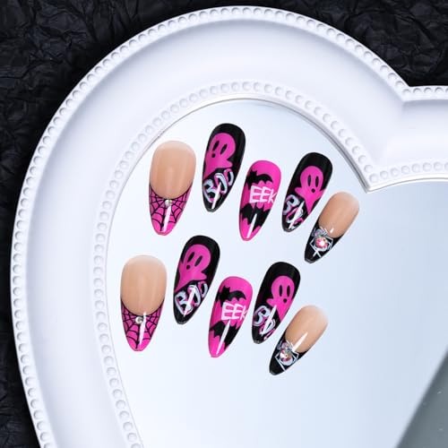 24Pcs Halloween Press on Nails Medium Almond French Tip Fake Nails with Spider Web and Rhinestone Designs Hot Pink Glossy False Nails Bat Ghost Glue on Nails for Women Halloween Acrylic Nails DIY - color: special Halloween-1
