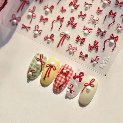 1 Sheet Embossed Bow Nail Art Stickers Pearl Bowknots Nail Art Stickers 5D Self Adhesive Bow Tie Nail Decals Red Mix Shape Bow-Knot Design Manicure Supplies for Women Nail Art Decorations Accessories - style: pearl red bow