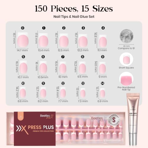 Beetles French Tip Press On Nails with Semi Solid Nail Glue, Short Square - color: 1f - Tips & Semi Solid Glue - S