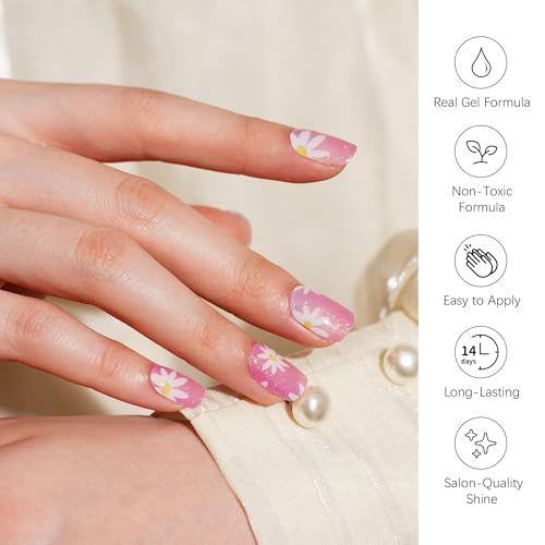 DANNI & TONI Semi Cured Gel Nail Strips Daisy Pink Holographic Gradient Gel Nail Wraps 28 Stickers | Aurora Bloom - color: Aurora Bloom