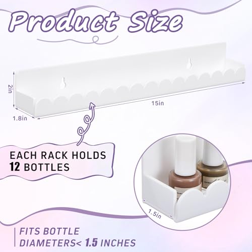 AceOrbit 6 Pack Wall Mounted Acrylic Nail Polish Display Rack, 15 Inch Scalloped Cosmetic Organizer Shelves with Anti-Slip Sides for Nail Polish, Holds 60–90 Bottles, White