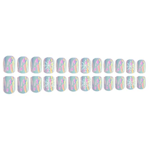 24Pcs Press on Nails Short Square Fake Nails Chrome Snowflake Designs - color: 24
