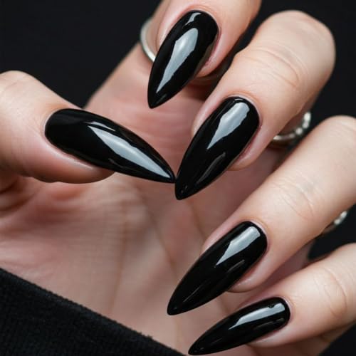 Black Press on Nails Almond Medium Glossy Fake Nails for Women - color: 09-Black