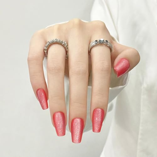 Red Cat Eyes Press On Nails,12 Sizes - 24 Pcs Soft Gel Red Medium Coffin Fake Nails Kit with Nail Glue, Natural Reusable Stick On False Nails for Women and Girls SK0824 - color: 824-Red