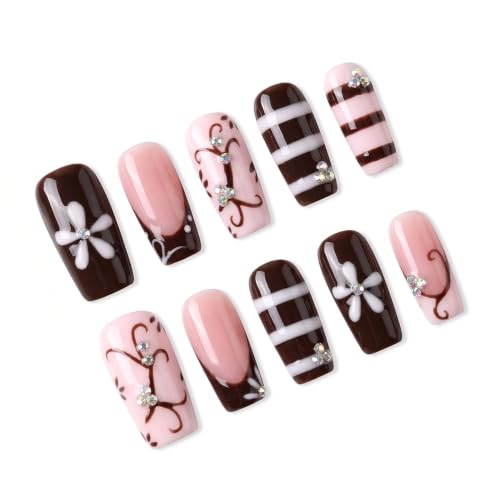 Handmade Press on Nails,Medium Coffin Flower Striped Fake Nails - color: style13