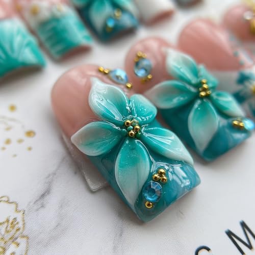 Square Medium Handmade Press on Nails - Light Blue French Tip False Nails with 3D Flower Designs Fake Nails Luxury Reusable Acrylic Stick on Nails for Women 10Pcs (Size M) - color: style1