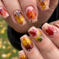 Maple Press on Nails Square Medium Fake Nails with Leaves Designs Fall Nails Press ons Nude Glue on Nails Glossy Acrylic Nails Artificial Stick on Nails for Women 24Pcs - color: Leaves Designs