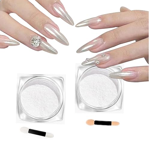 2Pcs Pearl Chrome Nail Powder - Ice Transparent Aurora, White Chameleon Iridescent Pigment for Nails - High Gloss Pearlescent Glitter (2pc White) - color: 2pc White