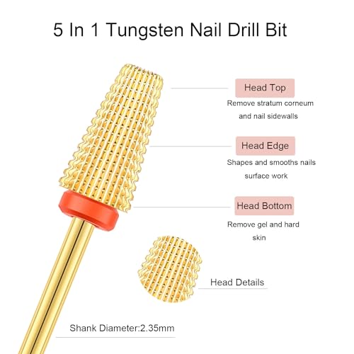2pcs 5 in 1 Nail Drill Bits, 3/32'' Tungsten Carbide Safety Bits,Two Way Use for Both Left and Right Handed, Fast Remove Cuticle Acrylic Gel Polishing Manicure Pedicure Tools (Gold) - color: Gold