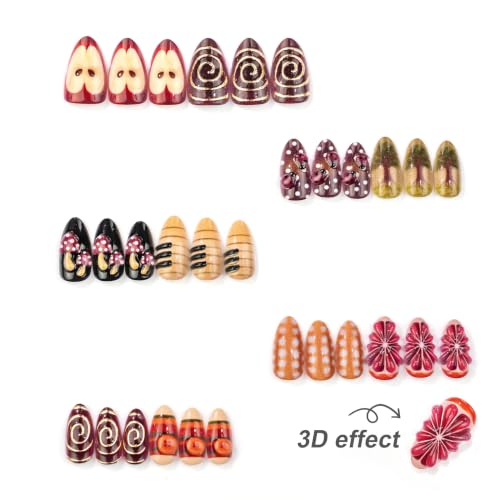 30pcs Fall Fake Nails Autumn Mushroom Fruit Press on Acrylic Nails - color: Halloween Press on Nails 23