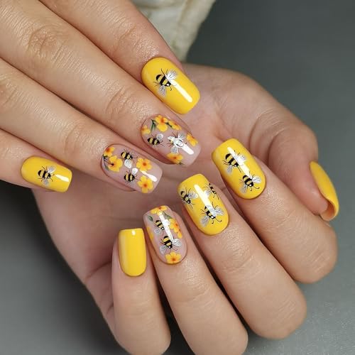 CurvLife Medium Square Floral Press On Nails, Bee Garden, Soft Gel - color: Bee