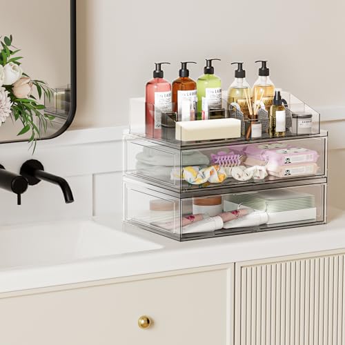 Clear Stackable Makeup Organizer with Drawer, 12''W Acrylic Storage Drawers - size: 3 Pack