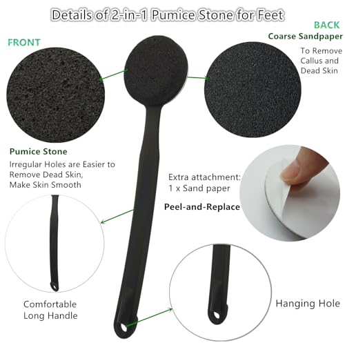 Double Sided Pumice Stone for Feet with Long Handle 13.7", Hard Skin Callus Remover, Foot Scrubber and Exfoliator Pedicure Tool with Sand Paper for Softer & Smoother Feet, Clear Black - color: Clear Black