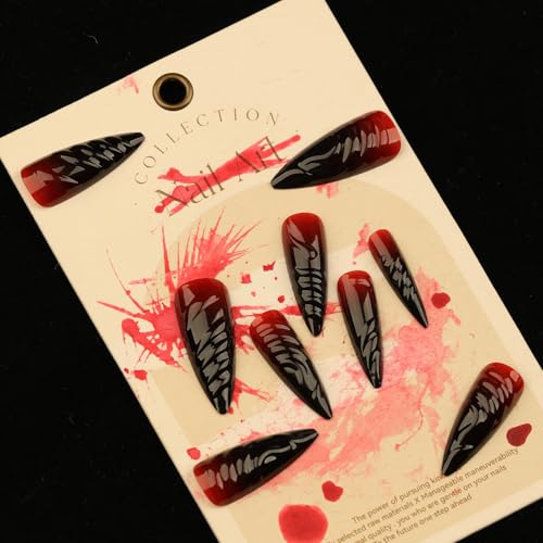 24 Pcs Halloween Press on Nails Long Stiletto Fake Nails Red Black Gradient False Nails with 3D Design Goth Acrylic Nails Press ons Halloween Glue on Nails Full Cover Reusable Stick on Nails for Women - color: Style 7