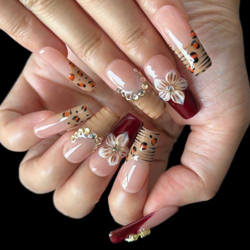 Handmade Press On Nails, 10 Pcs Long square Reusable Stick Ons for Women, French 6D Acrylic Fake Nails(L) - color: Golden Bow, size: L