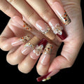Handmade Press On Nails, 10 Pcs Long square Reusable Stick Ons for Women, French 6D Acrylic Fake Nails(L) - color: Golden Bow, size: L