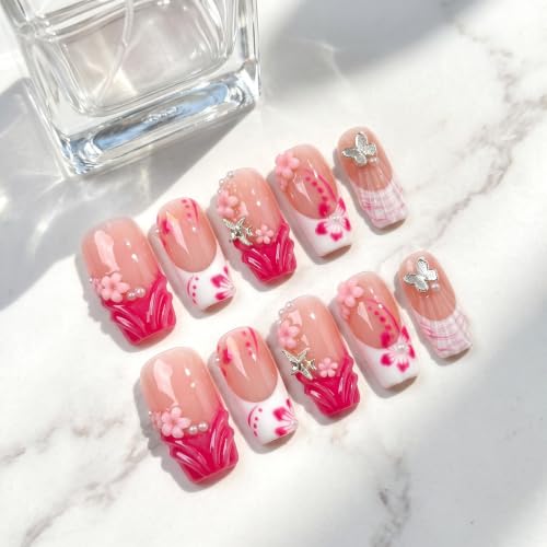 Medium Coffin Press on Nails Butterfly Pearl Handmade Fake Nails - color: style14