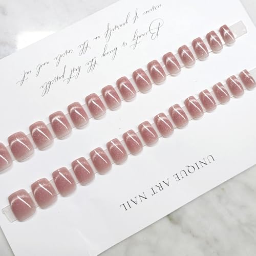 Cat Eye Press on Nails Short Coffin Fake Nails with Glitter Designs Nails Press ons Pink Glue on Nails Cute False Nails Glossy Stick on Nails for Women 24Pcs - color: pink-2