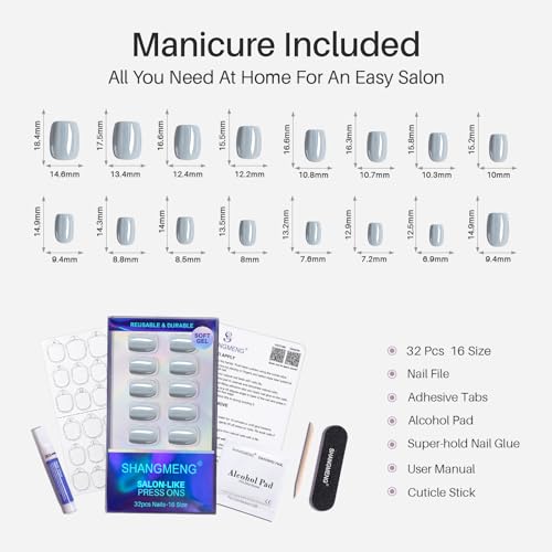 SHANGMENG Press on Nails, Square Short Blue Chrome Fake Nails, Soft Gel - color: Mercury Veil