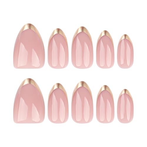 Mivota Almond Press On Nail Short, Pink Fake Nails with Elegantly Crafted Gold French Tips, Glossy Gel Finish, Thick Natural Reusable Glue On Nails Kit for Women 24Pcs, Golden Chic - color: 06-Fashionable Phnom Penh