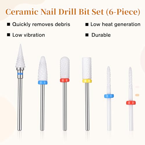 6Pcs Ceramic Nail Drill Bits, 3/32 Inch Ceramic Drill Bit for Nails