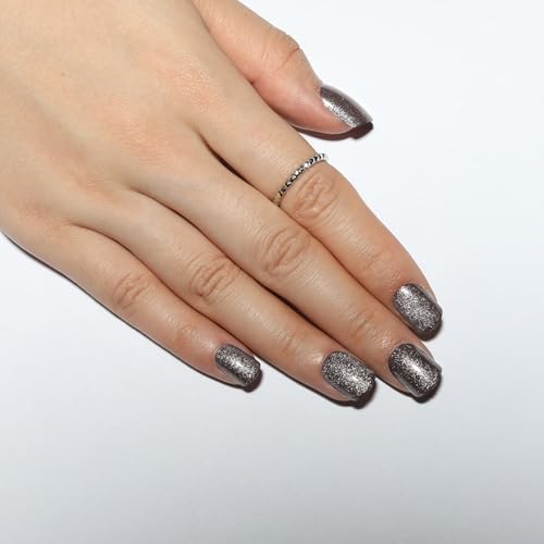 Glittering Silver Press on Nails Short Square, Silver Fake Nails Kit, Fashion Glossy Acrylic Short Press on Nails, Natural Stick on Nails, Thick Reusable Glue on Nail for Women, 24Pcs - color: B19-Glittering Silver