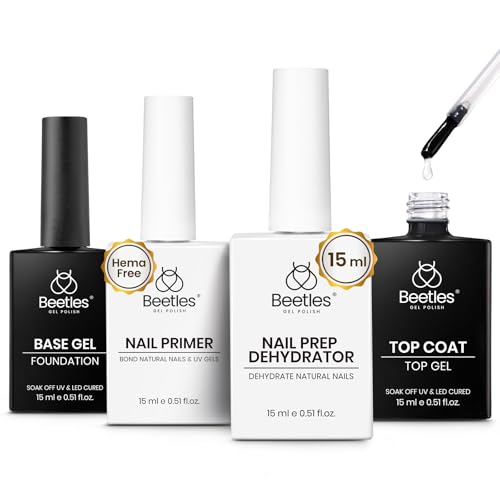 Beetles Gel Top and Base Coat Set with Nail Dehydrator and Primer 4Pcs 15ml - color: E-Clear-4