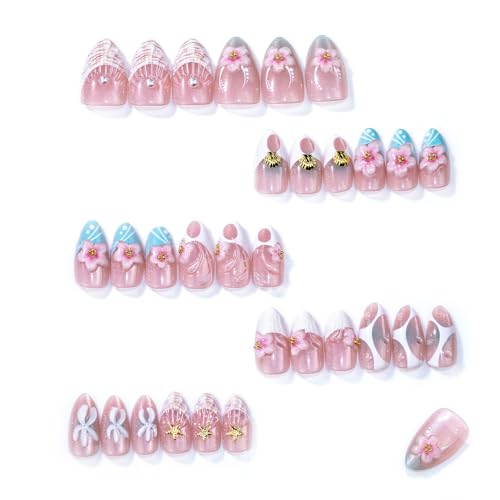 Summer French Press On Nails Medium Almond Fake Nails 3D Flower False Nails With Starfish Shell FloralDesign Reusable Glossy Stick On Nails Full Cover Glue On Nails For Women Manicure 24Pcs - color: Design-23