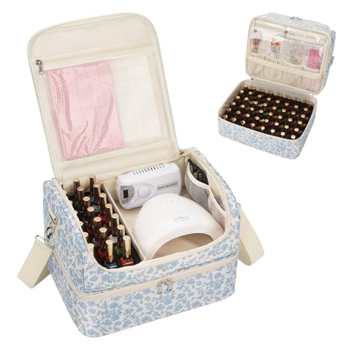 Nail Polish Organizer, Nail Supplies Storage Case Holds 69 Bottles Nail Polish & Nail Lamp, Travel Nail Tech Carrying Bag, Nail Kit Bag for Nail Stuff & Manicure Tools (Floral Blue, 69 Slots) - color: Blue Floral, size: 69 Slots
