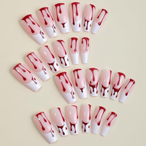 Halloween Long Coffin Press on Nails White French Tip Bloody 24Pcs - color: Halloween 4