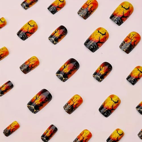 Forest Orange Press on Nails Halloween Medium Square Fake Nails with Bat Designs Halloween Glue on Nails Reusable Artificial Acrylic False Nails for Women Girls 24Pcs - color: Halloween style 17