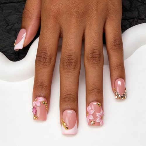 10 Pcs Flower Press on Nails Handmade Short Fake Nails 3D Pink White Flower Designs Rhinestone French Tips False Nails Press ons with Charms Designs Thick Square Acrylic Stick on Nail for Women (M) - color: 2703, size: M