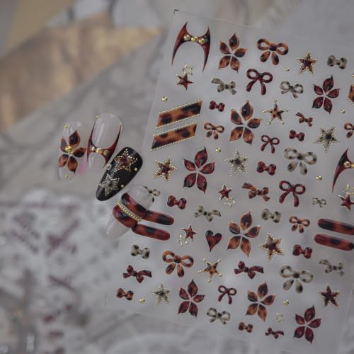 1 Sheet Fall Brown Leopard Print Bow Nail Stickers 5D Self-Adhesive Nail Decals Bow Star Heart Flower Design Irregular Shapes with Gold Rhinestones Nail Supplies for Autumn Women Nail Decorations - color: Brown Leopard