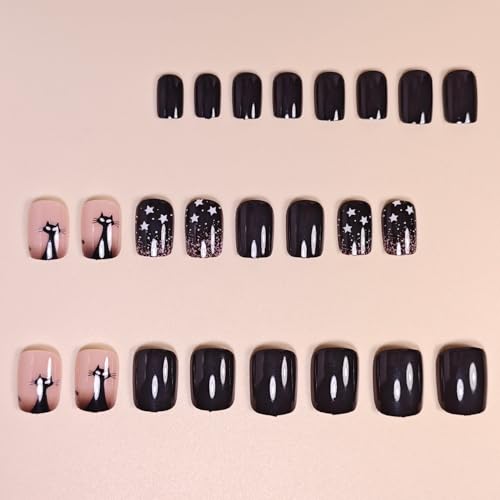 Halloween Press on Nails with Dark Night Moon Stars Design Short Square False Nails Cute Cat Fake Nails Silver Glitter Full Cover Acrylic Stick on for Women Nails Manicure Decoration 24Pcs - color: Halloween Style 016