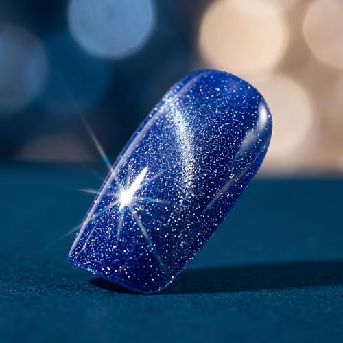 Press On Nails, Short Square Blue Cat Eye Galaxy, 24PCS - color: 078-Dark Blue Square Cat's Eye